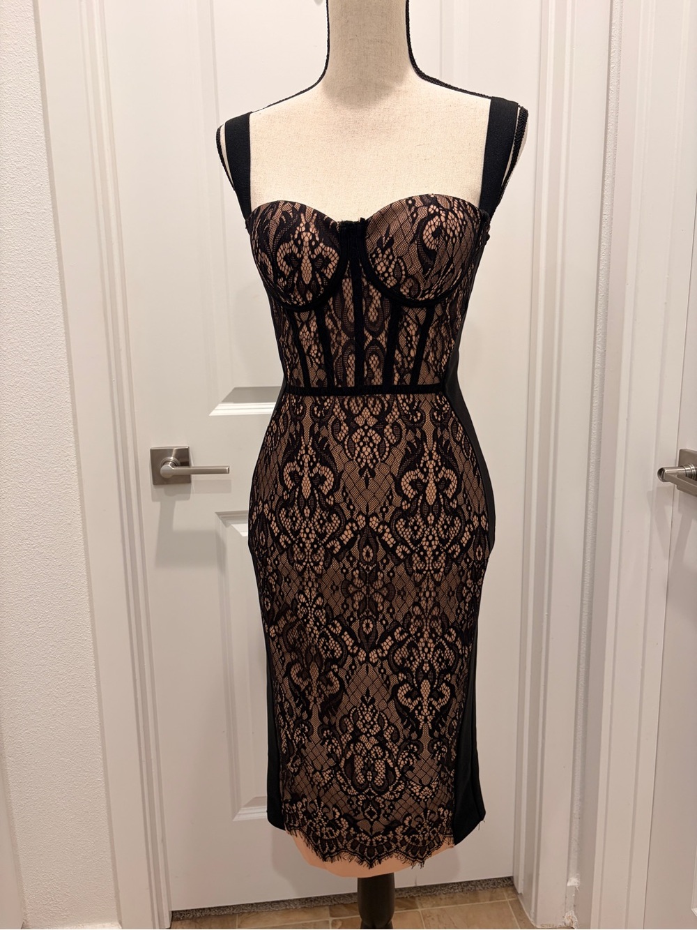 Fashion Nova Black Lace Over Nude Bodycon Midi Dress